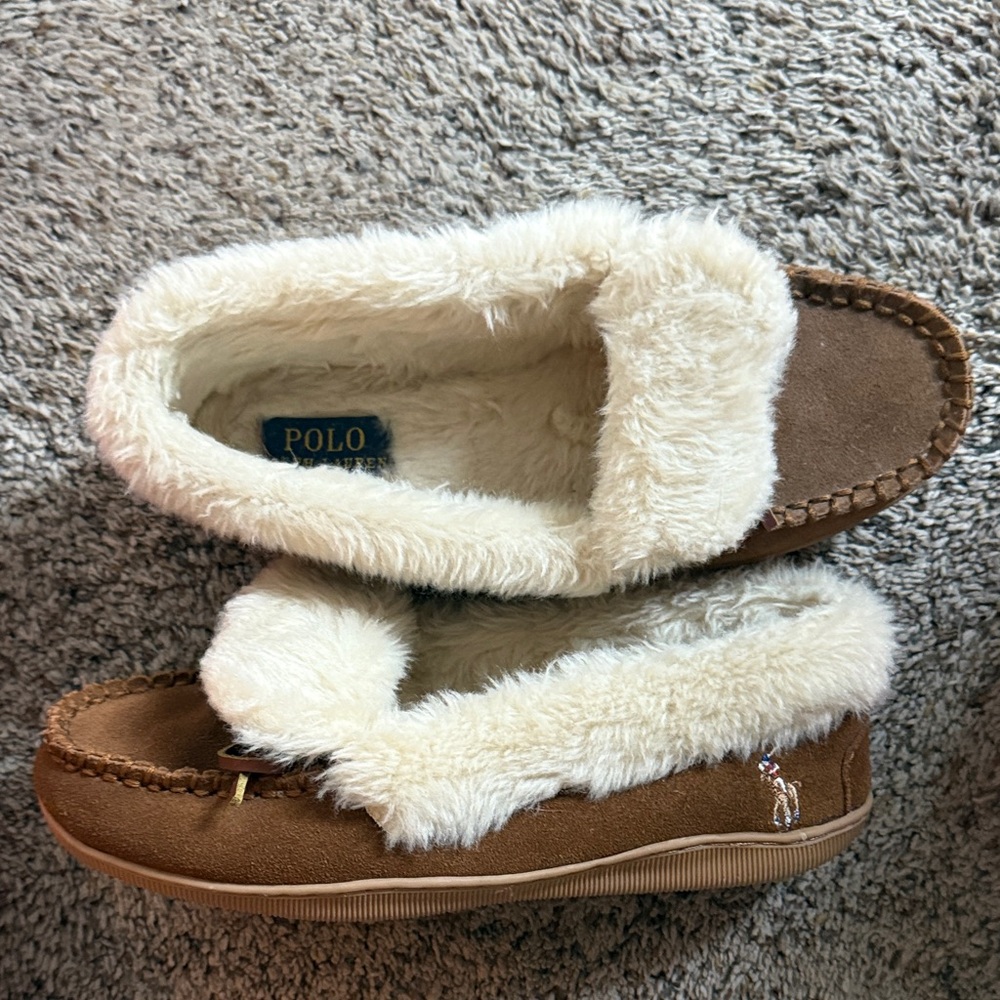 Polo by Ralph Lauren Tan Slippers with fur Cream Lining